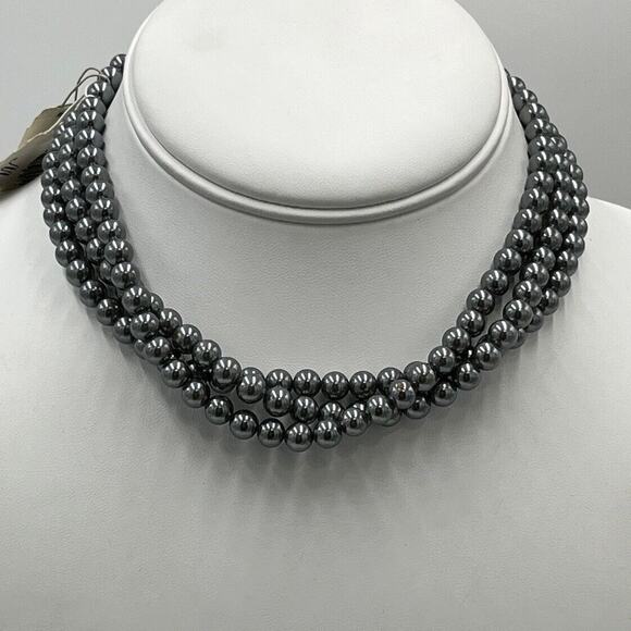 Marvella Monet Gray 3 Strand Faux Pearl Silver Tone Crystal Clasp Necklace New - Picture 1 of 15